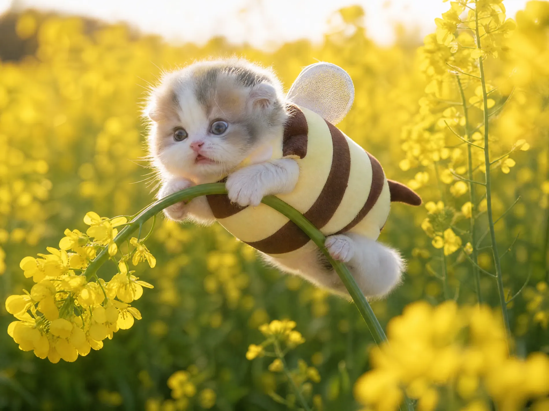 The bee kitten clinging to a single canola flower with all four paws