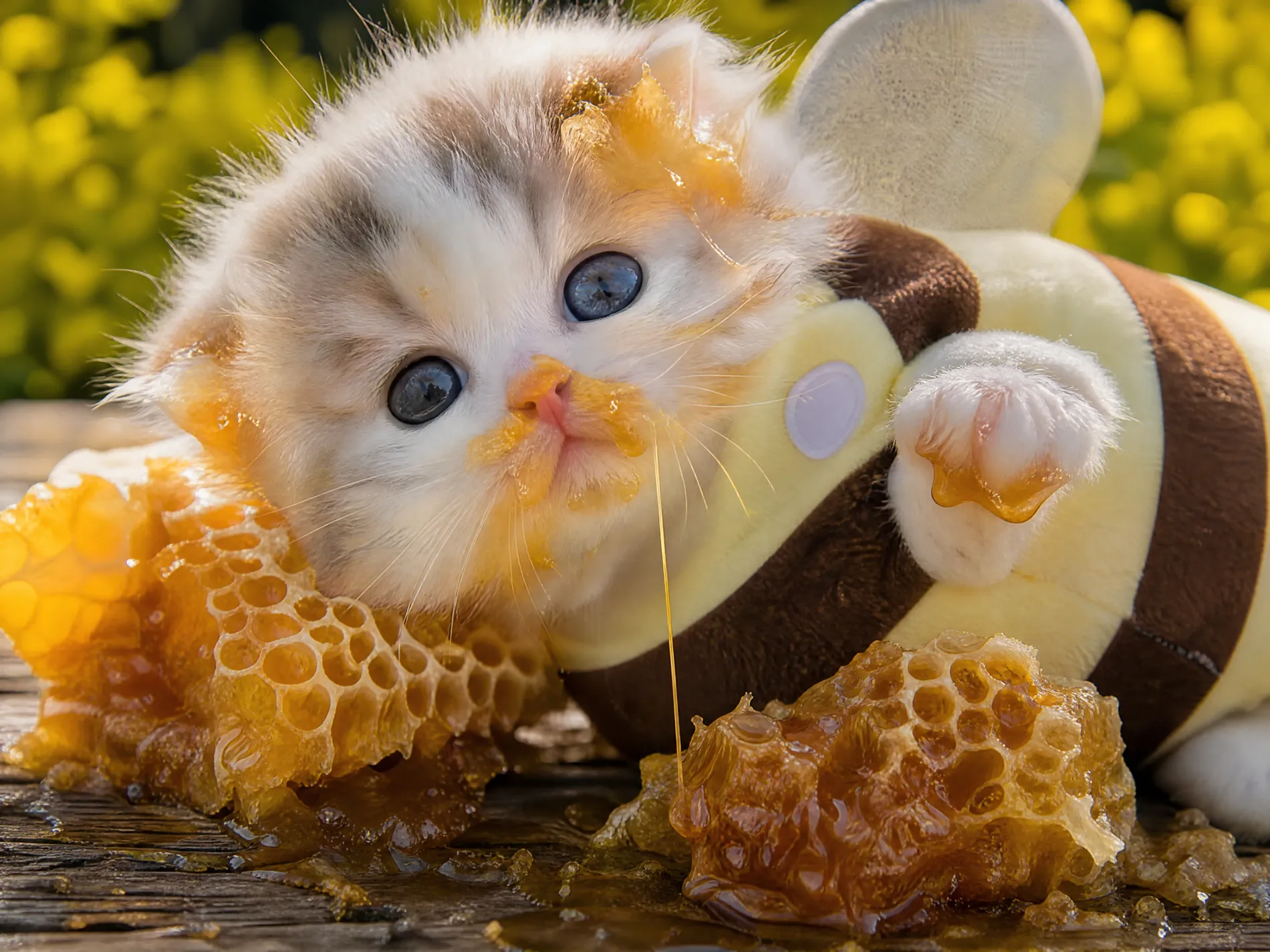 The bee kitten face first in golden honeycomb with honey smeared across its nose