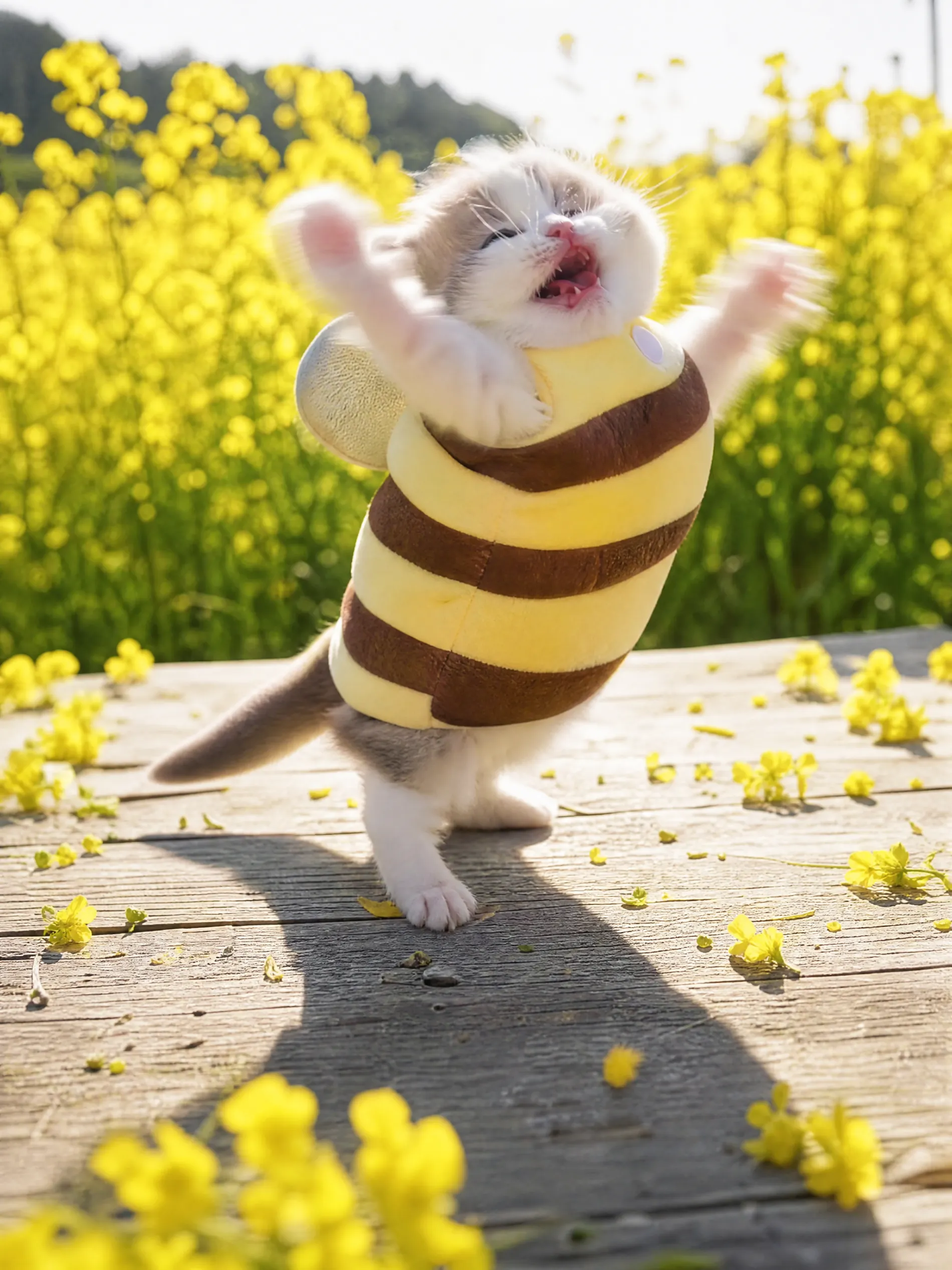 The bee kitten up on its hind legs mid dance with both front paws in the air