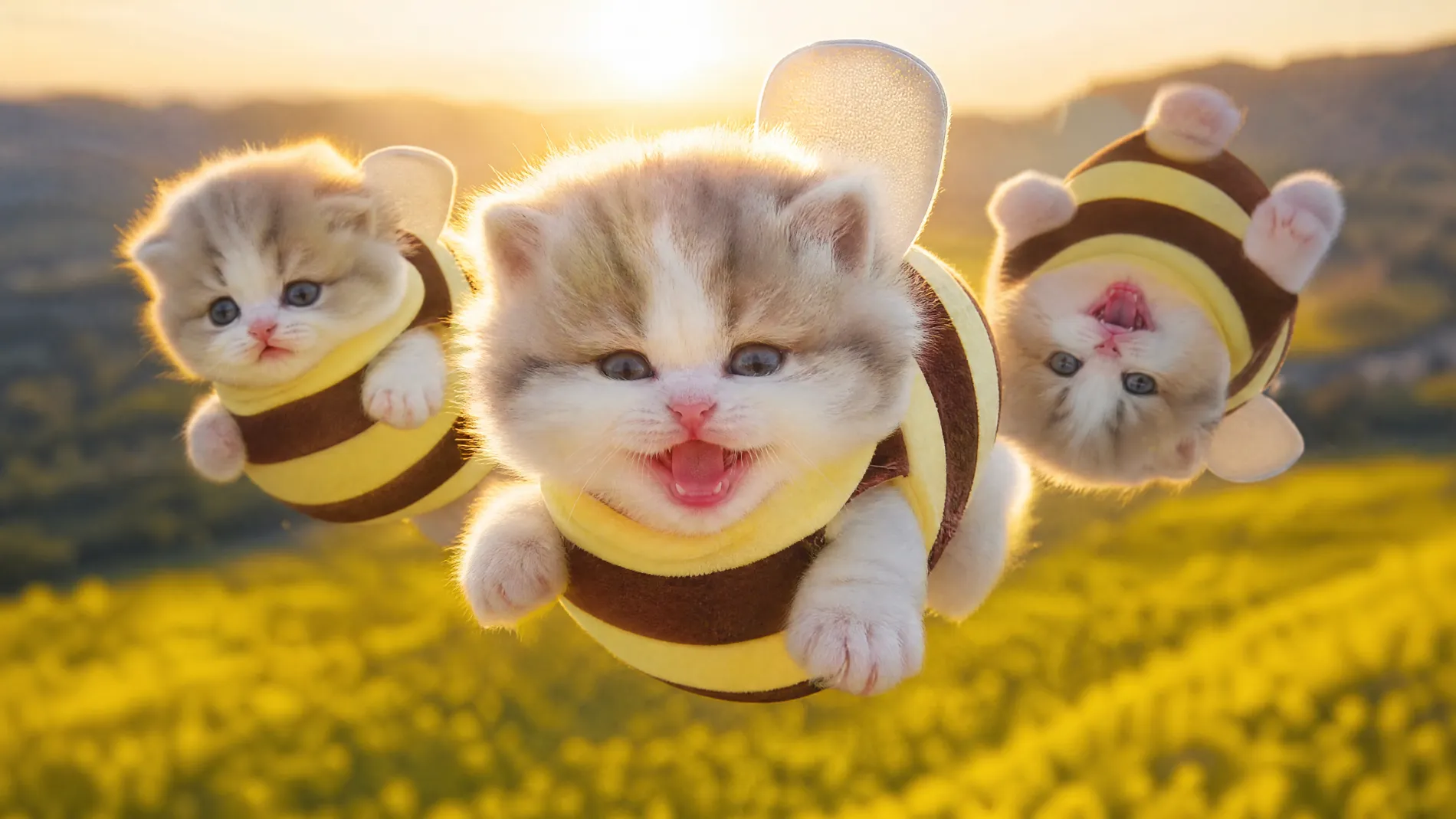 Three kittens in bee costumes flying towards camera at sunset, the leader meowing, one completely upside down