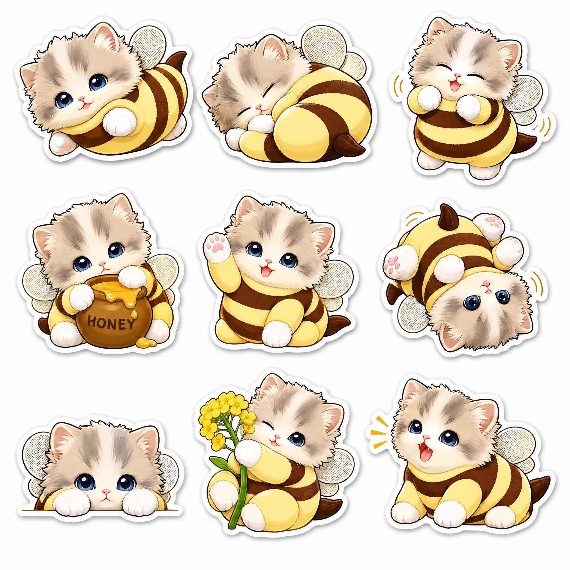 A sheet of nine die cut stickers showing the bee kitten in different poses