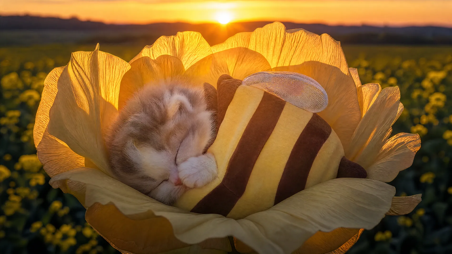 The bee kitten asleep curled inside a giant flower at sunset, backlit gold